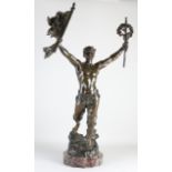 French bronze figure, Man with banner