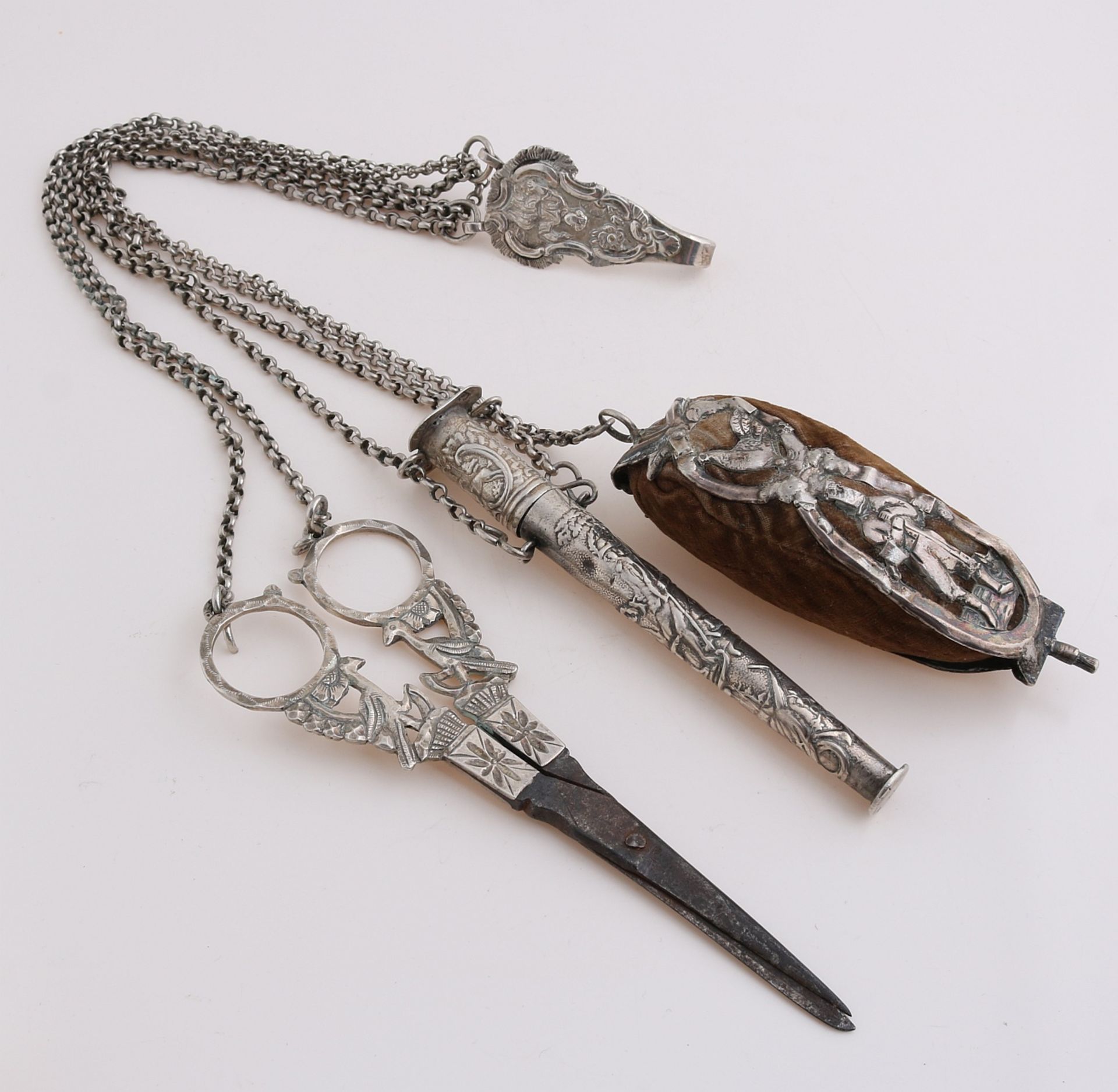 Silver chatelaine with scissors, etc.