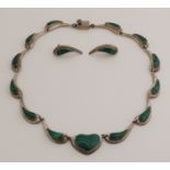 Silver choker and earrings malachite