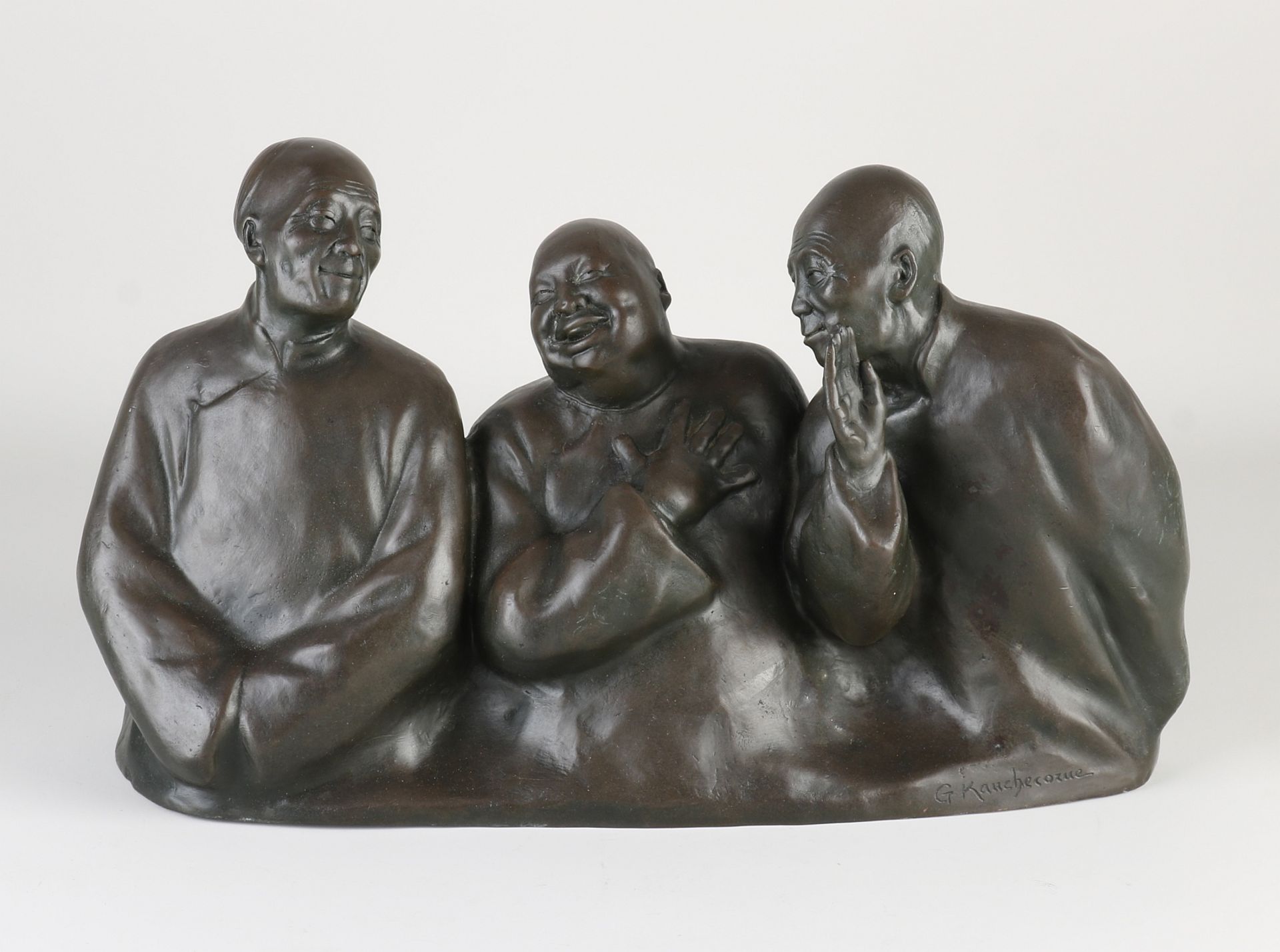 Bronze figure, Three smiling Chinese