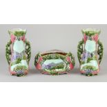 Antique three-piece majolica vases set