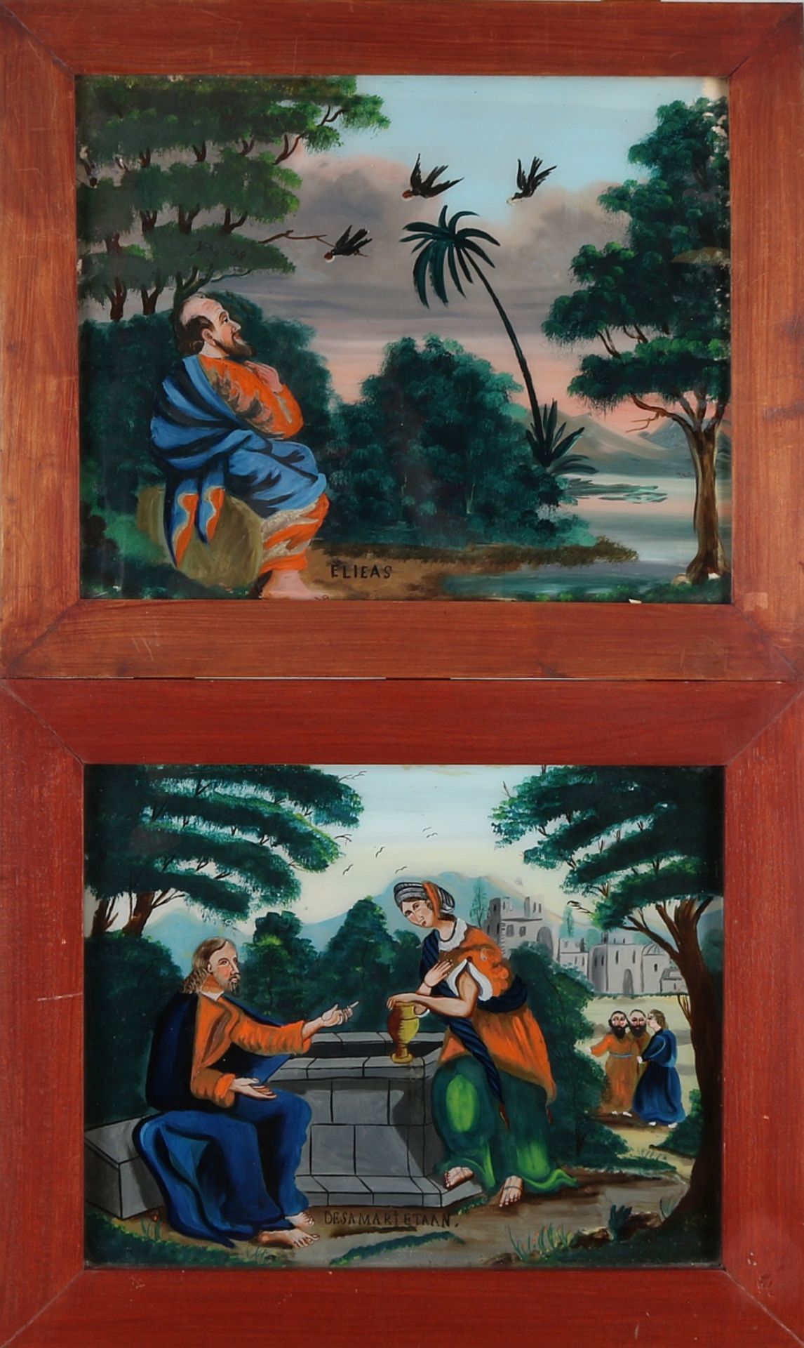 Two antique behind-glass painting, Samaritan + Elias