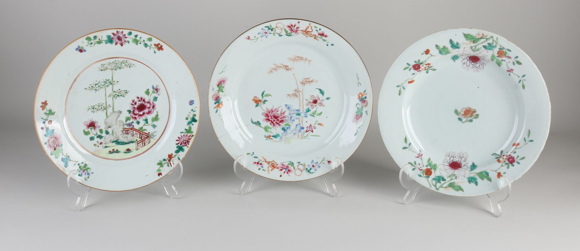 Three Chinese Family Rose plates Ø 22 cm.