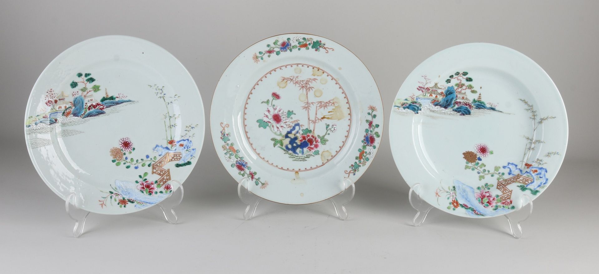 Three Chinese Family Rose plates Ø 22 cm.