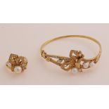 Gold bracelet and ring with diamond & pearl