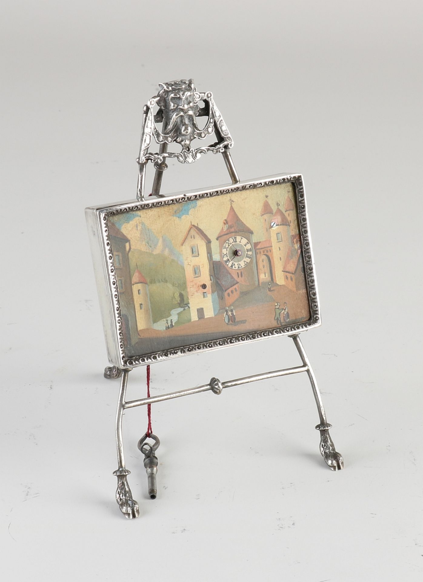 Silver miniature painting with clock
