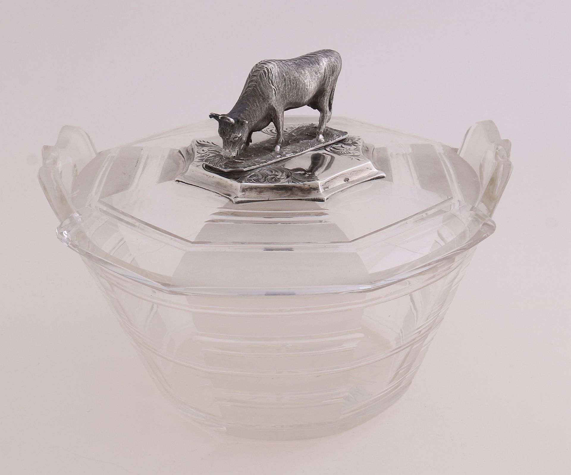 Crystal butter dish with silverware