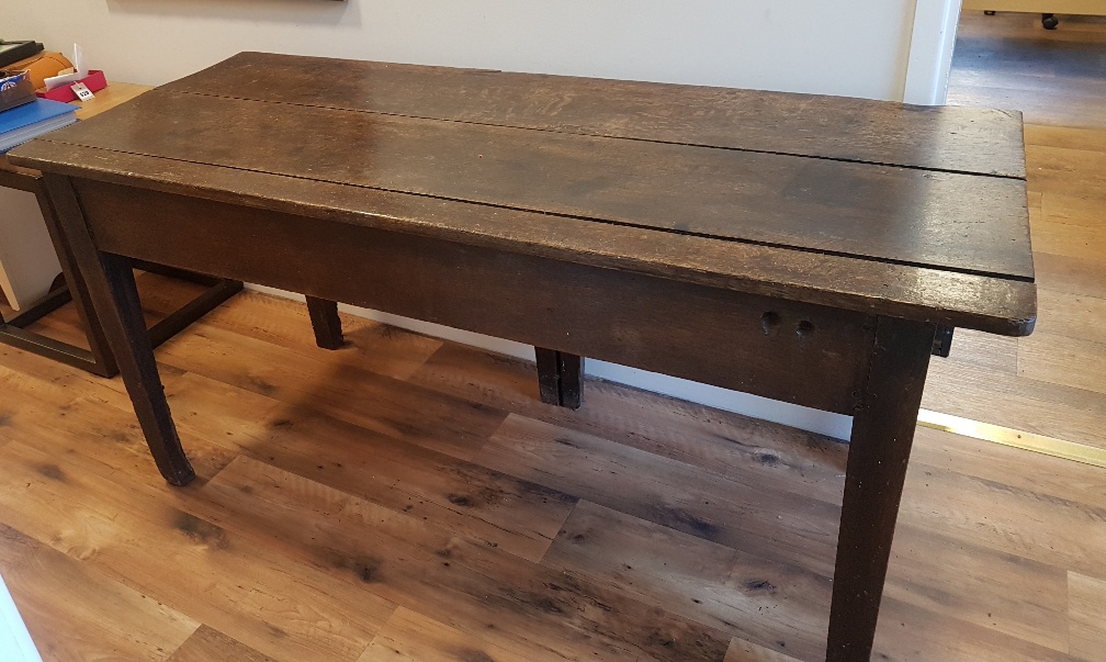 Early Victorian Plank Top Oak Dining Table with Drawer and one drop leaf - Image 2 of 4