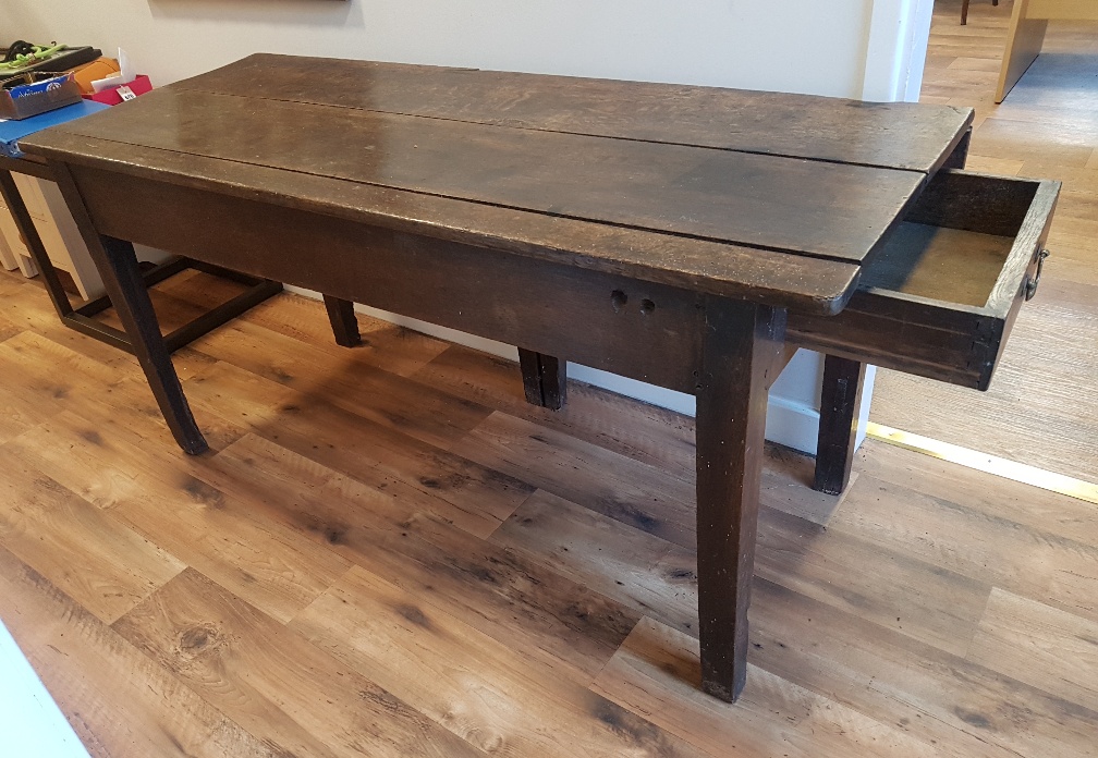 Early Victorian Plank Top Oak Dining Table with Drawer and one drop leaf