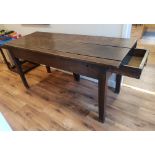 Early Victorian Plank Top Oak Dining Table with Drawer and one drop leaf
