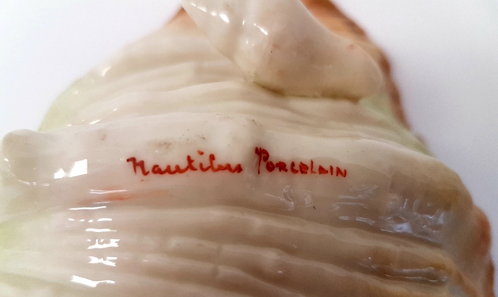 Nautilus Pottery Porcelain Oyster Shell with painted makers mark, produced in Glasgow 1900