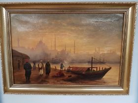 Framed Oil Painting of Figures by the Bosphorous, Istanbul from 1896