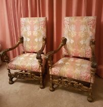 Pair of Large Victorian Continental Walnut Baronial Gothic Armchairs in 17th Century Style