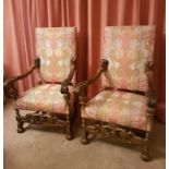 Pair of Large Victorian Continental Walnut Baronial Gothic Armchairs in 17th Century Style