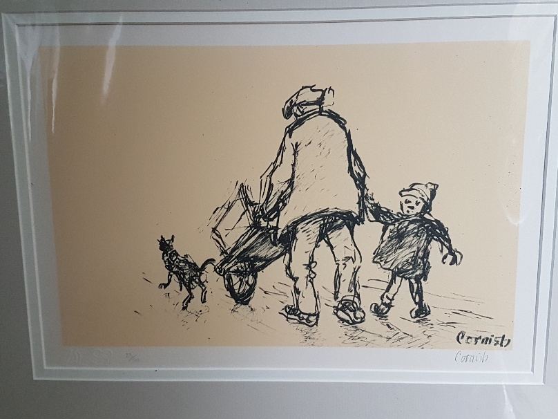 Norman Stansfield Cornish: Signed and Numbered Lithograph of Man with Barrow, Child and Dog