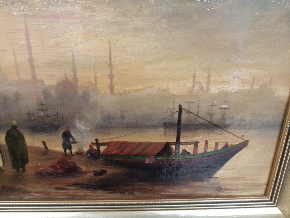 Framed Oil Painting of Figures by the Bosphorous, Istanbul from 1896 - Image 3 of 4