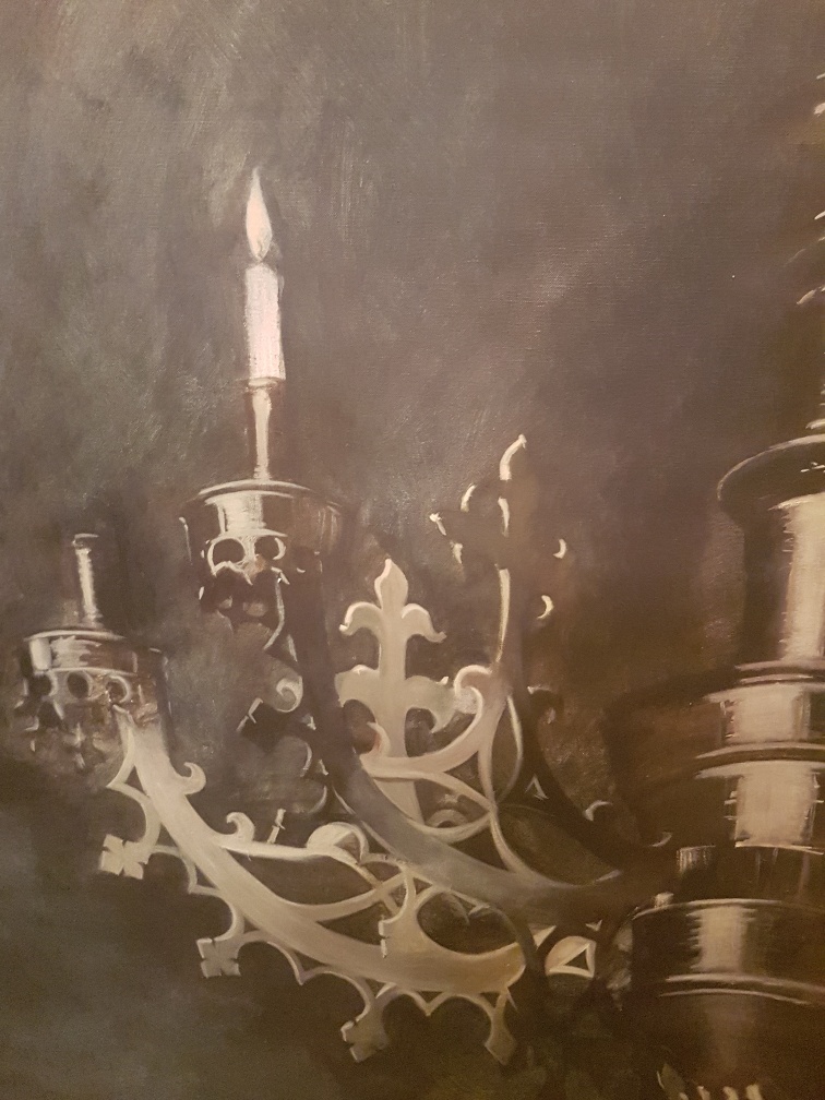 Very large oil on canvas of Gothic Revival Candelabrum after The Arnolfini Wedding by Jan Van Eyck - Image 4 of 6