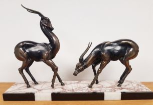 1940 French Art Deco Table Centrepiece in banded marble and spelter, with Two Horned Antelope Figure