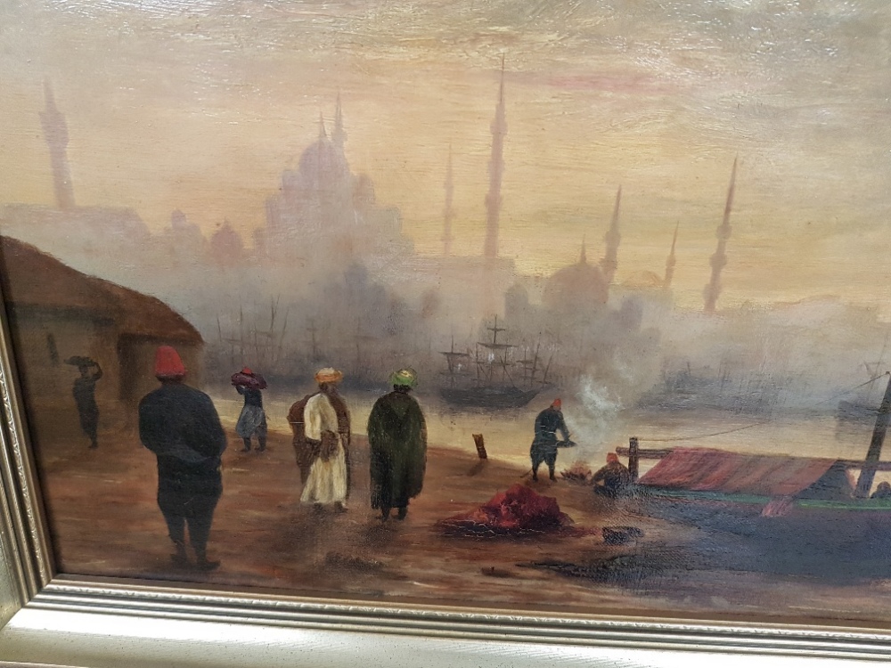 Framed Oil Painting of Figures by the Bosphorous, Istanbul from 1896 - Image 2 of 4