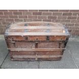 A large metal bound domed chest for refurishment measuring 34 inches x 19 inches x 22 inches in heig
