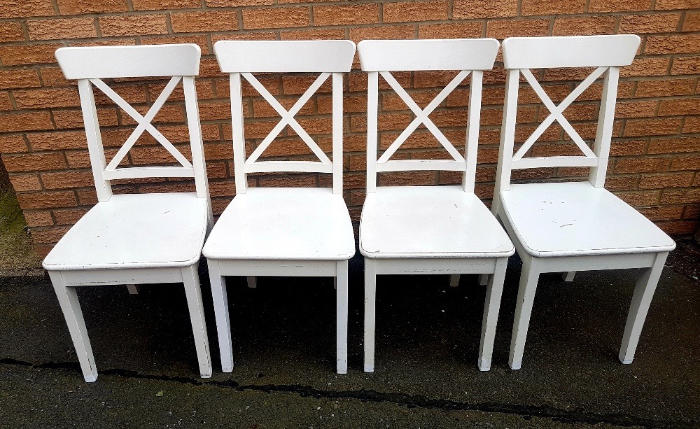 Set of four modern painted white kitchen chairs