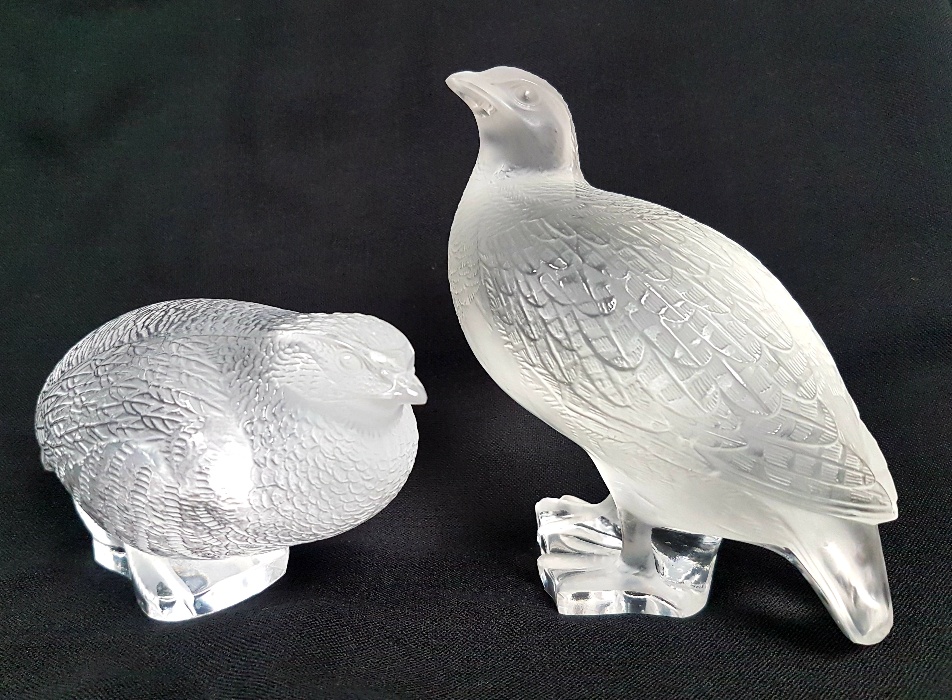 Pair of 1970s Large Lalique Partridge Figures in clear and frosted glass