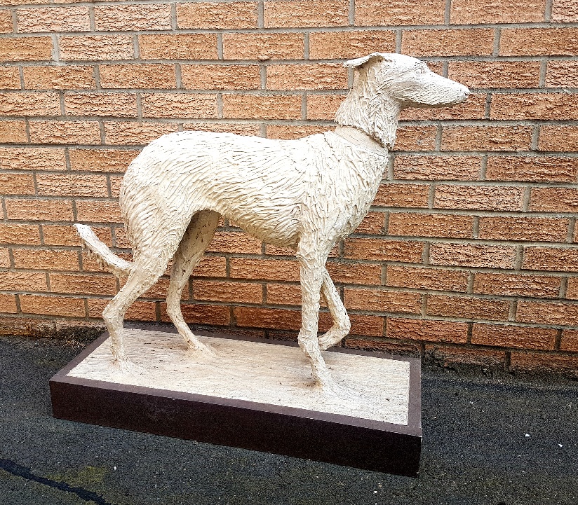 Lifesize Ceramic Sculpture of Lurcher Dog on a Wooden Plinth