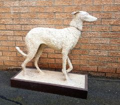 Lifesize Ceramic Sculpture of Lurcher Dog on a Wooden Plinth