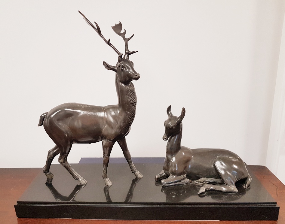 Irene Rochard (1906-1984) signed 1940 French Art Deco Fallow Stag and Hind Spelter & Marble figurine