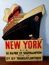 Art Deco French Liner Advertising Board Depicting Cruise Liner with attending Tug Boat