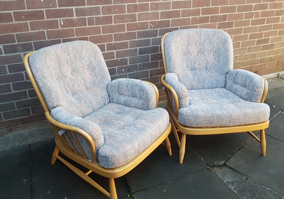 A pair of Ercol Beech and Elm Jubilee Armchairs with fitted cushions - Image 2 of 3