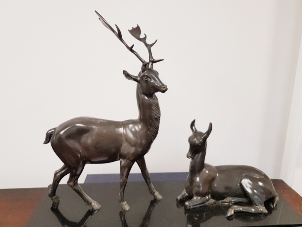 Irene Rochard (1906-1984) signed 1940 French Art Deco Fallow Stag and Hind Spelter & Marble figurine - Image 2 of 5