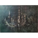 Very large oil on canvas of Gothic Revival Candelabrum after The Arnolfini Wedding by Jan Van Eyck