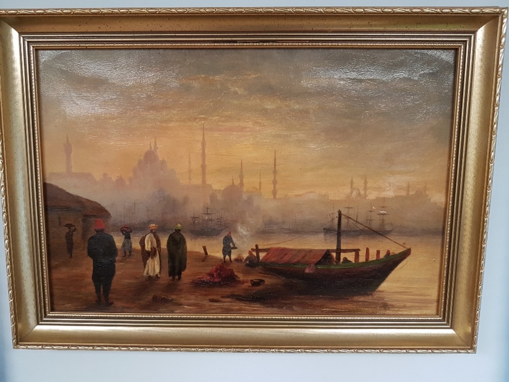 Framed Oil Painting of Figures by the Bosphorous, Istanbul from 1896