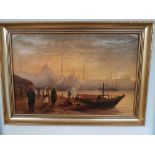 Framed Oil Painting of Figures by the Bosphorous, Istanbul from 1896