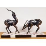 1940 French Art Deco Table Centrepiece in banded marble and spelter, with Two Horned Antelope Figure