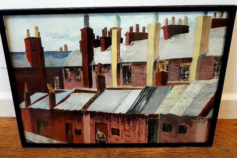Framed Watercolour of Terraced House Rooftops in Mining Town, unsigned