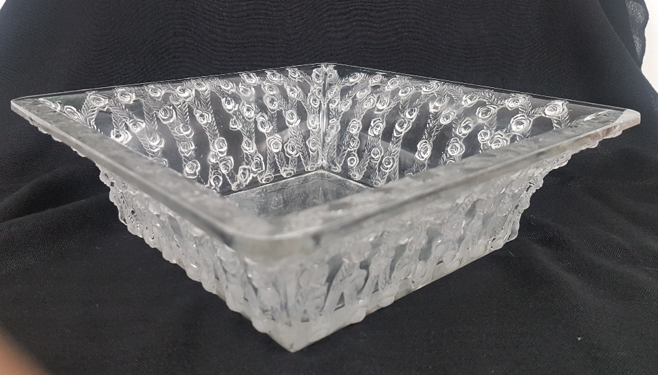 Lalique 1939 Square Crystal Rose Design 10407 Dish, etched signature to base