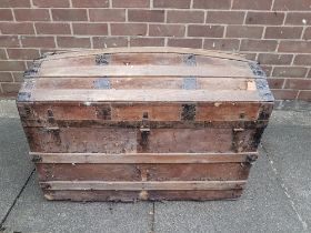 A large metal bound domed chest for refurishment measuring 34 inches x 19 inches x 22 inches in heig