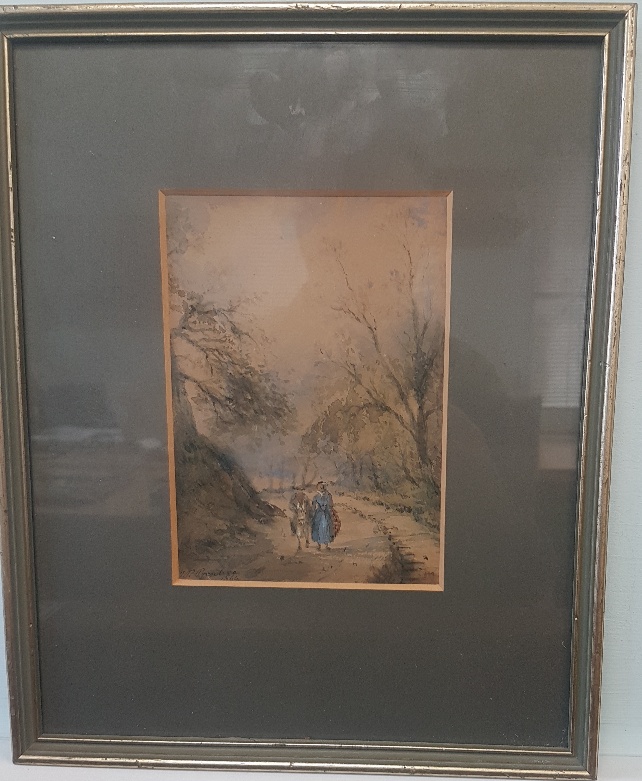 John R Prentice watercolour of figures at Newbattle, near Dalkeith. Framed, glazed and signed.