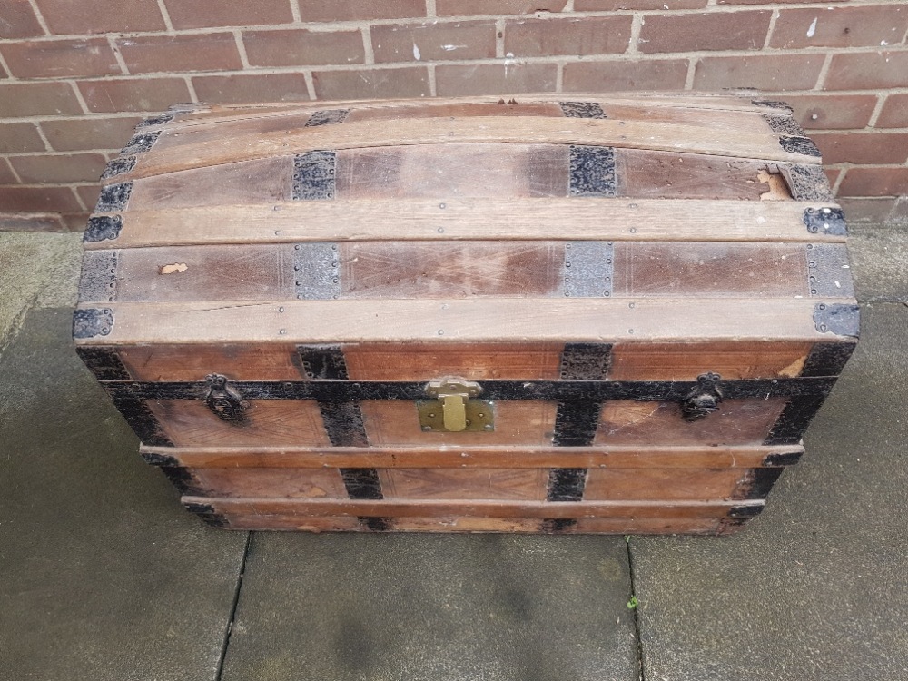 A large metal bound domed chest for refurishment measuring 34 inches x 19 inches x 22 inches in heig - Image 2 of 3