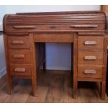 Early 20th Century Roll Top Oak Desk on Two Pillars of Drawers, locked with no key