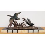 1940 French Art Deco Table Centrepiece in banded marble and spelter, with Two Ducks Taking Flight