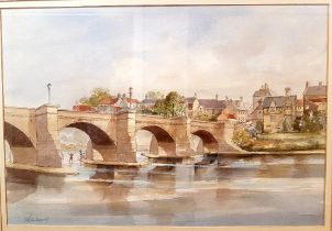 Tom McDonald Framed and Glazed Watercolour of The Bridge at Corbridge, Northumberland