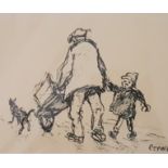Norman Stansfield Cornish: Signed and Numbered Lithograph of Man with Barrow, Child and Dog