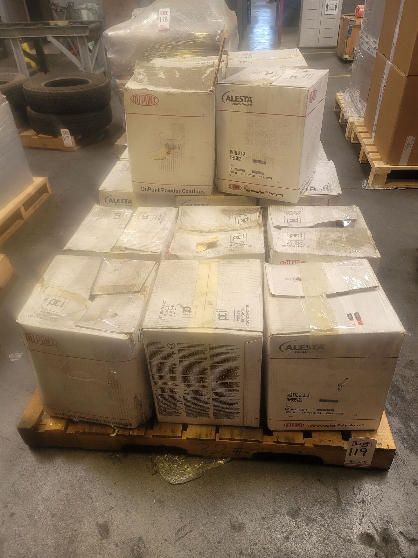 LOT - PALLET OF DUPONT ALESTA MATTE BLACK UFB551S2 POWDER COATING, APPROX. (16) 55 LB BOXES