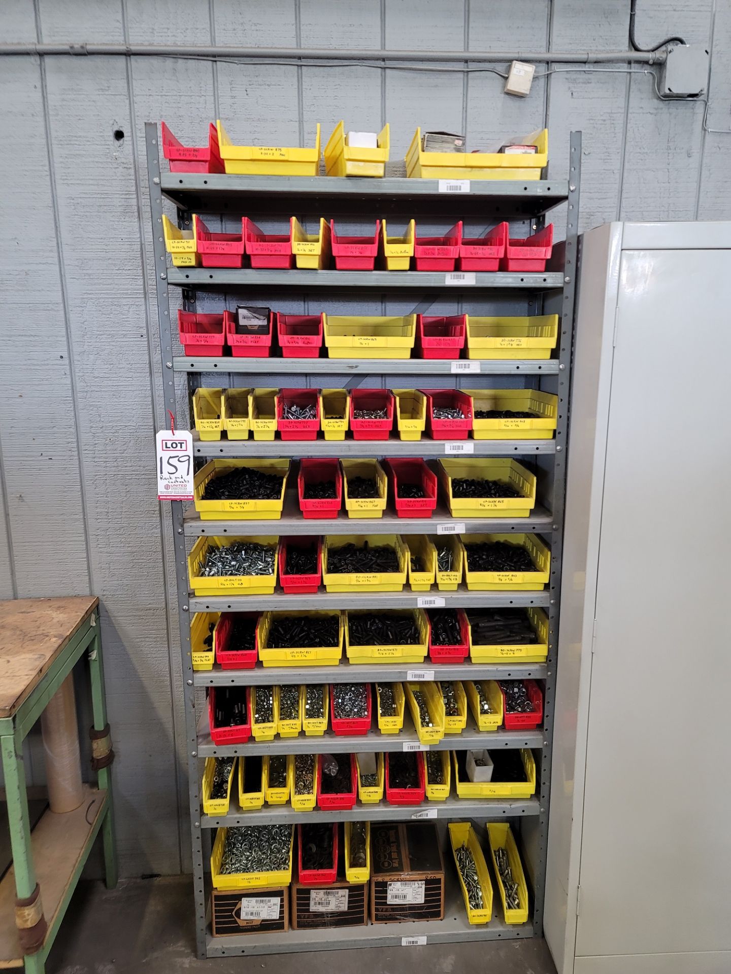 LOT - RACK, W/ CONTENTS: PLASTIC BINS FULL OF FASTENERS