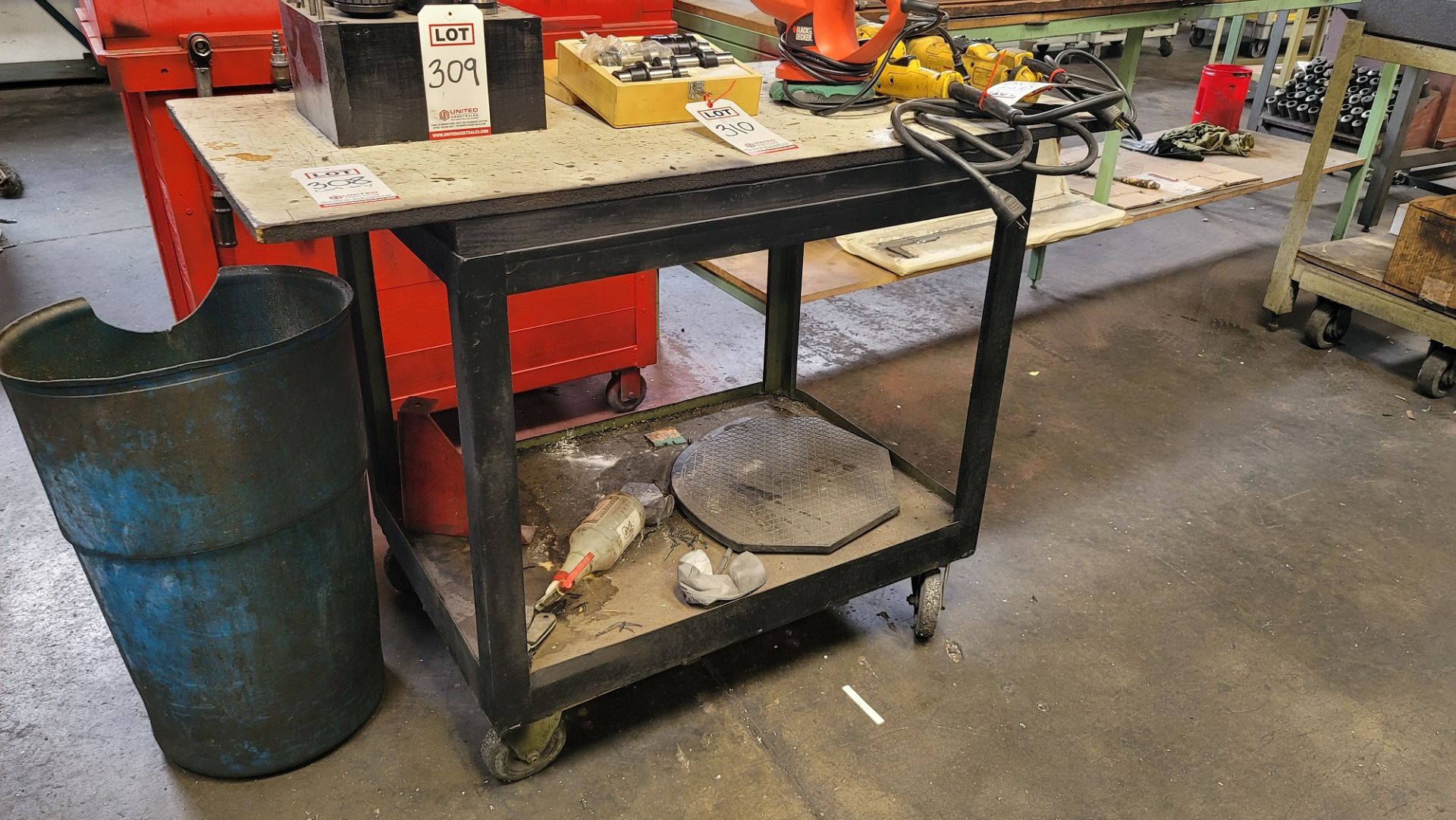 STEEL SHOP CART FITTED W/ WOOD TOP, CONTENTS NOT INCLUDED