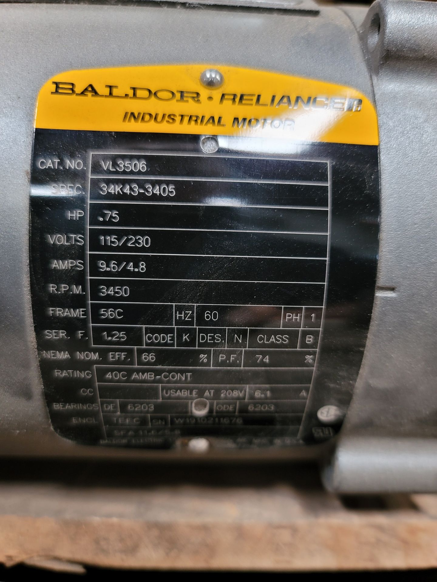 LOT - (3) BALDOR 3/4 HP ELECTRIC MOTORS, CAT. NO. VL3506, 115/230V, 3450 RPM - Image 2 of 2