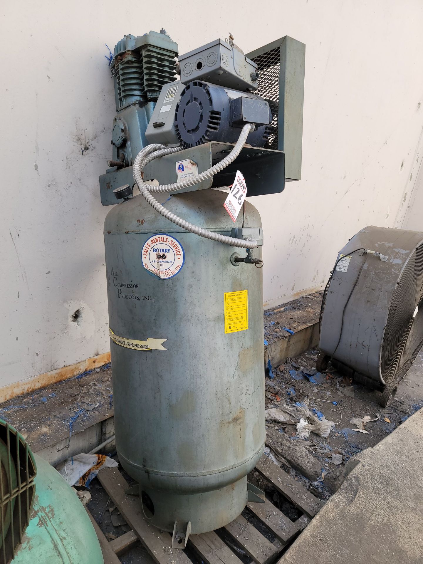 AIR COMPRESSOR PRODUCTS 5 HP VERTICAL AIR COMPRESSOR, MODEL ACP-51V82, OUT OF SERVICE / NEEDS WORK